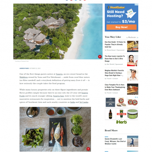 Soneva in Travel and Leisure, Press and Awards